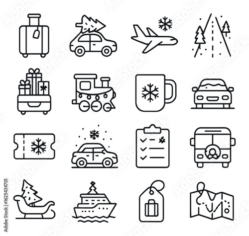 Winter linear icon set: suitcase, car, plane, train, mug, ticket, list, map, sled, ship, bus
