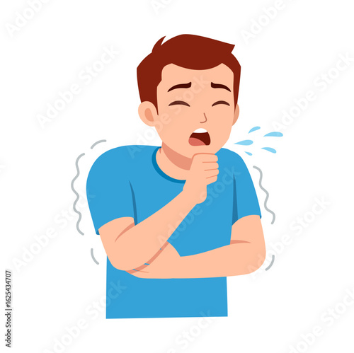 Young man coughing with hand on throat feeling unwell and shivering, disease symptoms