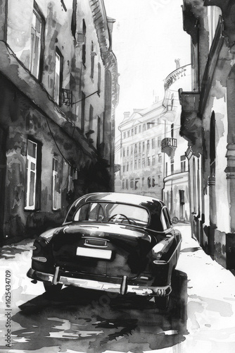 Classic car on a misty urban street with tall buildings in black and white