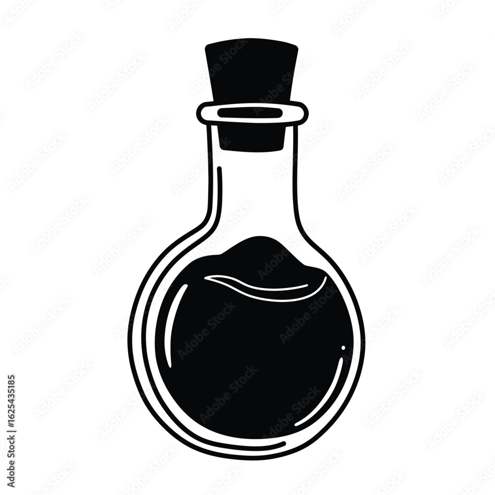 Black and white silhouette of a potion bottle with liquid and cork for games and designs Black and white silhouette of a potion bottle with liquid and cork for games and designs