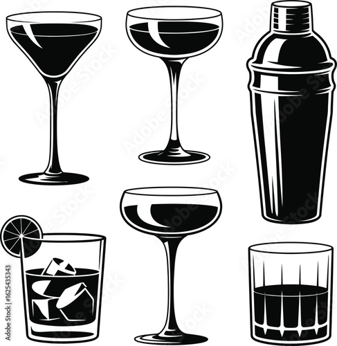 Collection of classic cocktail glasses and shaker in a distinct black and white silhouette style