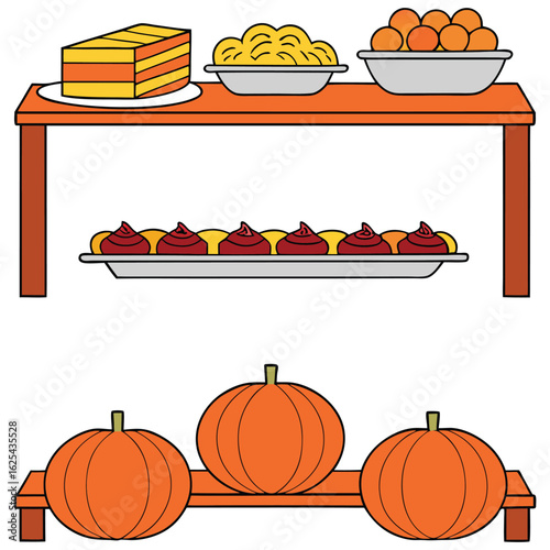 Illustration of Fall Themed Holiday Dessert Table with Pumpkins