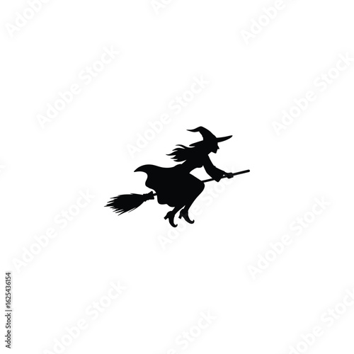 Silhouette of a Witch Flying on Broomstick Graphic Halloween Theme Spooky Season Magical Flying Witchcraft Costume Black and White
