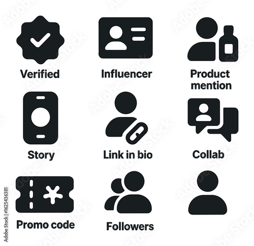 Influencer Icon Grid. olid, filled icons set of influencer app integration: verified badge, influencer tab,