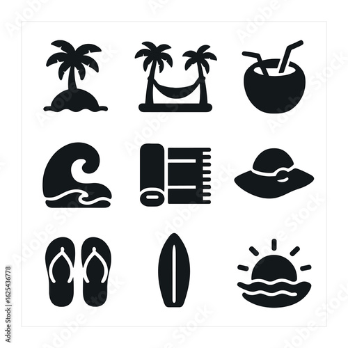 Tropical Icon Grid. olid, filled icons set of tropical getaway ads: island icon, hammock, coconut drink, ocean