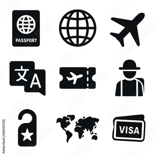 Travel Icons Set. olid, filled icons set of international travel ads: passport, globe, airplane, language icon