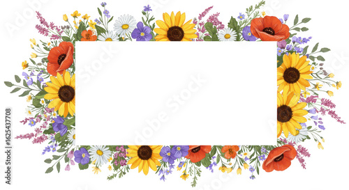 Fototapeta Naklejka Na Ścianę i Meble -  Photo of a vibrant watercolor flower frame featuring sunflowers, poppies, and wildflowers, perfect for summer and spring designs isolated on transparent background