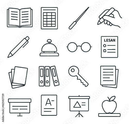 Wallpaper Mural Education linear icon set: books, calculator, pen, notebook, glasses, presentation, key, apple, documents Torontodigital.ca