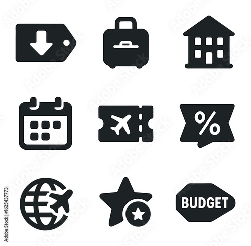 Budget Travel Icons. olid, filled icons set of budget travel marketing: low price label, small bag, hostel