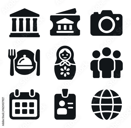 Cultural Travel Icons. olid, filled icons set of cultural travel promotions: landmark, museum ticket, camera,