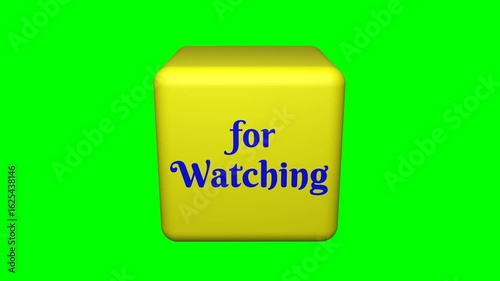 Animation of thank you for watching, like, share and subscribe on the spinning 3D yellow cube isolated on green screen.
