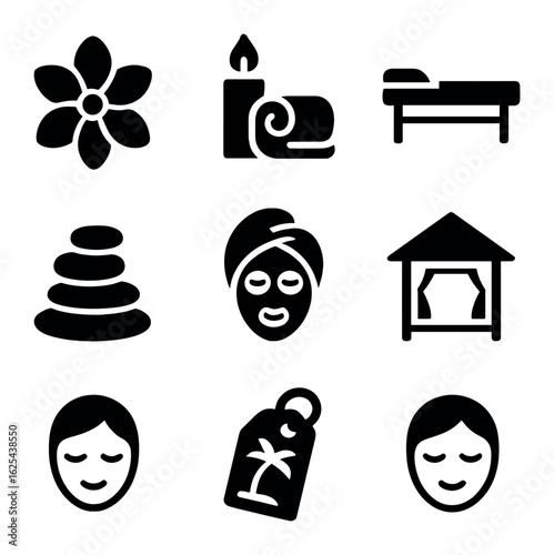 Spa Retreat Icons. olid, filled icons set of spa retreat promotions: flower icon, candle, towel, massage table