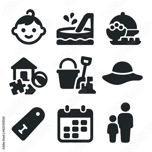 Family Resort Icons. olid, filled icons set of family-friendly resort ads: kids icon, splash pool, buffet,