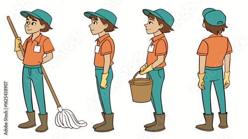 cartoon cleaning service workers janitors in uniform showing different poses with mop equipment