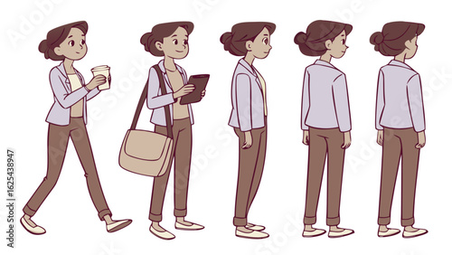 a set of five cartoon illustrations of a woman character in different poses and views, holding a coffee cup and a tablet.