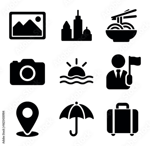 Travel Icon Grid. olid, filled icons set of destination highlights: postcard, skyline, local food, camera icon