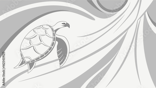 sea turtle silhouette with abstract flowing waves and swirling lines in gray monochrome design