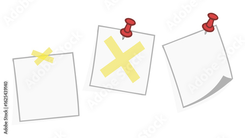 blank white note papers with red pushpins and yellow star x marks for office organization