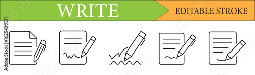 Write and Sign Document Line Icon Set with Editable Stroke