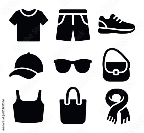 Summer Outfit Icons. olid, filled icons set of casual summer outfits: T-shirt, shorts, sneakers, baseball cap,