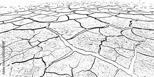 black and white Dry Cracked Earth Representing Drought and Arid Climate cracked surface with irregular shapes and dark lines forming patterns background or texture element.
