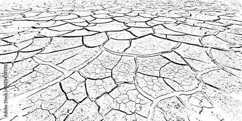 black and white Dry Cracked Earth Representing Drought and Arid Climate cracked surface with irregular shapes and dark lines forming patterns background or texture element.