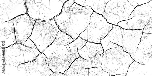 black and white Dry Cracked Earth Representing Drought and Arid Climate cracked surface with irregular shapes and dark lines forming patterns background or texture element.