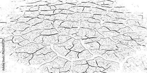 black and white Dry Cracked Earth Representing Drought and Arid Climate cracked surface with irregular shapes and dark lines forming patterns background or texture element.