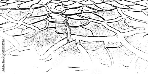 black and white Dry Cracked Earth Representing Drought and Arid Climate cracked surface with irregular shapes and dark lines forming patterns background or texture element.