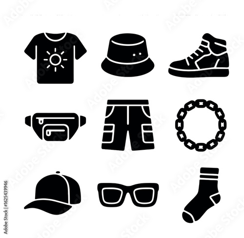 Streetwear Icons Grid. olid, filled icons set of streetwear summer style: graphic tee, bucket hat, high-top
