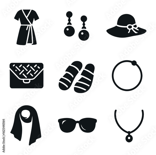Elegant Summer Accessories. olid, filled icons set of elegant summer items: wrap dress, pearl earrings, sun