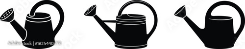 Three classic black watering cans with arched handles displayed in a row showcasing a simple silhouette style