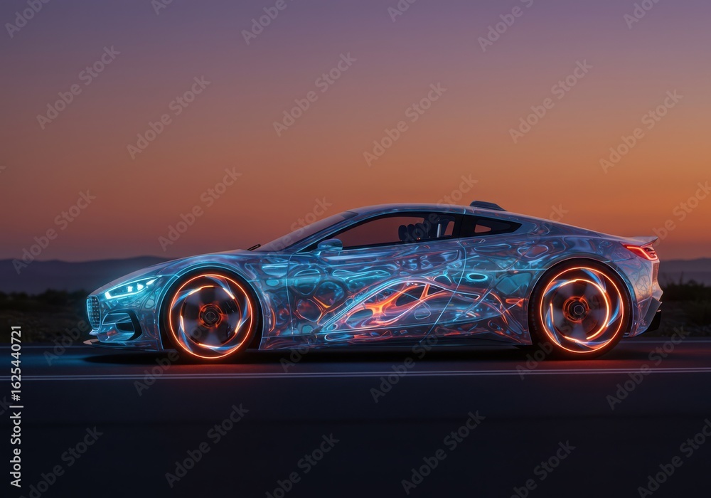 Naklejka premium A futuristic electric sports car with glowing neon lights and intricate digital patterns driving on a road at sunset