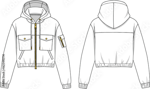 Utility hoodie fashion flat sketch, front and back CAD view with chest flap pockets, arm zipper pocket, ribbed hem, cropped hoodie design illustration