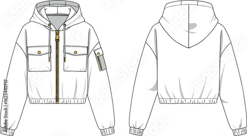 Utility cropped hoodie sketch, front and back view, technical drawing, zip-up hoodie with cargo sleeve pocket, flap chest pockets, drawstring hood, ribbed cuffs