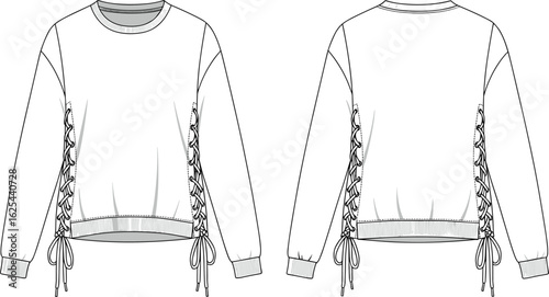 Fashion flat sketch, trendy sweatshirt design, lace-up side pullover, long sleeve, casual wear, streetwear, women's fashion, technical drawing, vector template, hoodie illustration