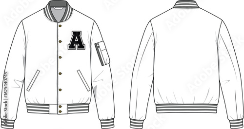 Varsity bomber jacket flat sketch, front and back technical drawing, letterman jacket template, ribbed cuffs and hem, fashion CAD for outerwear apparel design