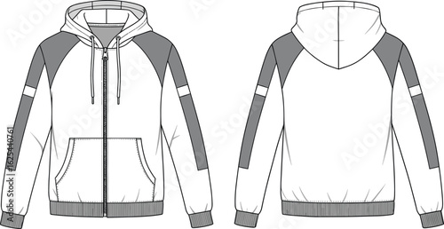 Color block zip hoodie flat sketch, men's full-zip hooded sweatshirt front and back, fashion technical drawing, athletic style apparel CAD illustration