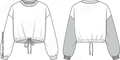 Cropped sweatshirt front and back view, drawstring waist design, fashion flat sketch, long sleeve pullover, casual top template, vector apparel illustration, clothing mockup