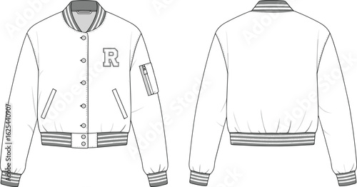 Varsity jacket technical sketch, bomber jacket front and back view, letterman jacket with striped ribbing, patch pocket, snap buttons, cargo sleeve, fashion flat