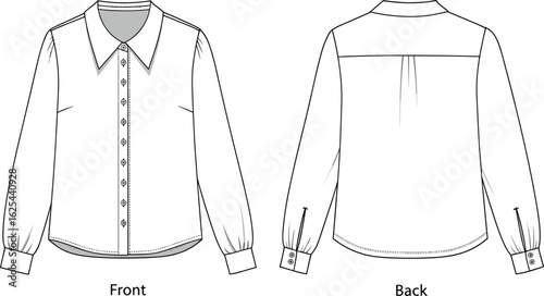 Long sleeve button-up blouse technical flat, front and back view fashion sketch, classic women shirt design template, vector apparel illustration, garment blueprint