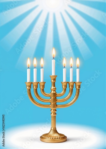 Happy Hanukkah А4. Golden menorah with lit candles on blue background and rays of light  