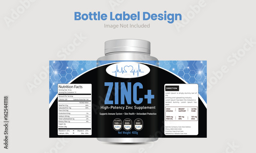 Zinc supplement bottle label with modern blue hexagon background and nutrition facts.
