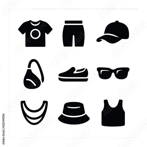 Urban Summer Icons. olid, filled icons set of urban summer looks: logo tee, biker shorts, baseball cap,