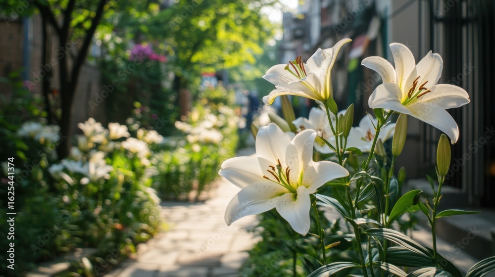 Obraz premium a small garden on the sidewalk of a street full of lily flowers, but one stands out
