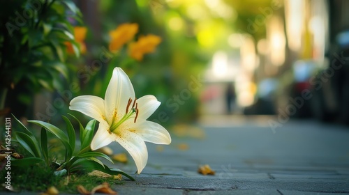 Fototapeta Naklejka Na Ścianę i Meble -  a small garden on the sidewalk of a street full of lily flowers, but one stands out