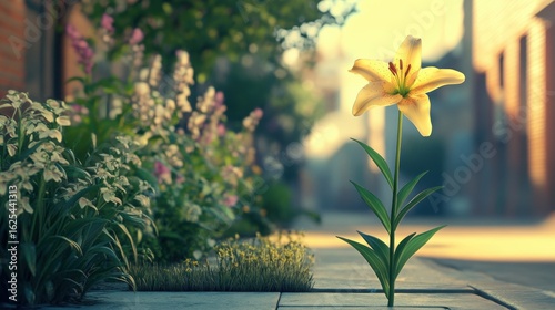 Fototapeta Naklejka Na Ścianę i Meble -  a small garden on the sidewalk of a street full of lily flowers, but one stands out