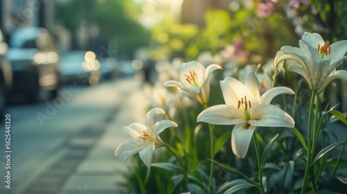 Fototapeta Naklejka Na Ścianę i Meble -  a small garden on the sidewalk of a street full of lily flowers, but one stands out