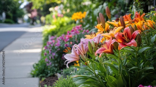 Fototapeta Naklejka Na Ścianę i Meble -  a small garden on the sidewalk of a street full of lily flowers, but one stands out