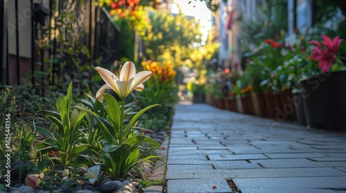 Fototapeta Naklejka Na Ścianę i Meble -  a small garden on the sidewalk of a street full of lily flowers, but one stands out